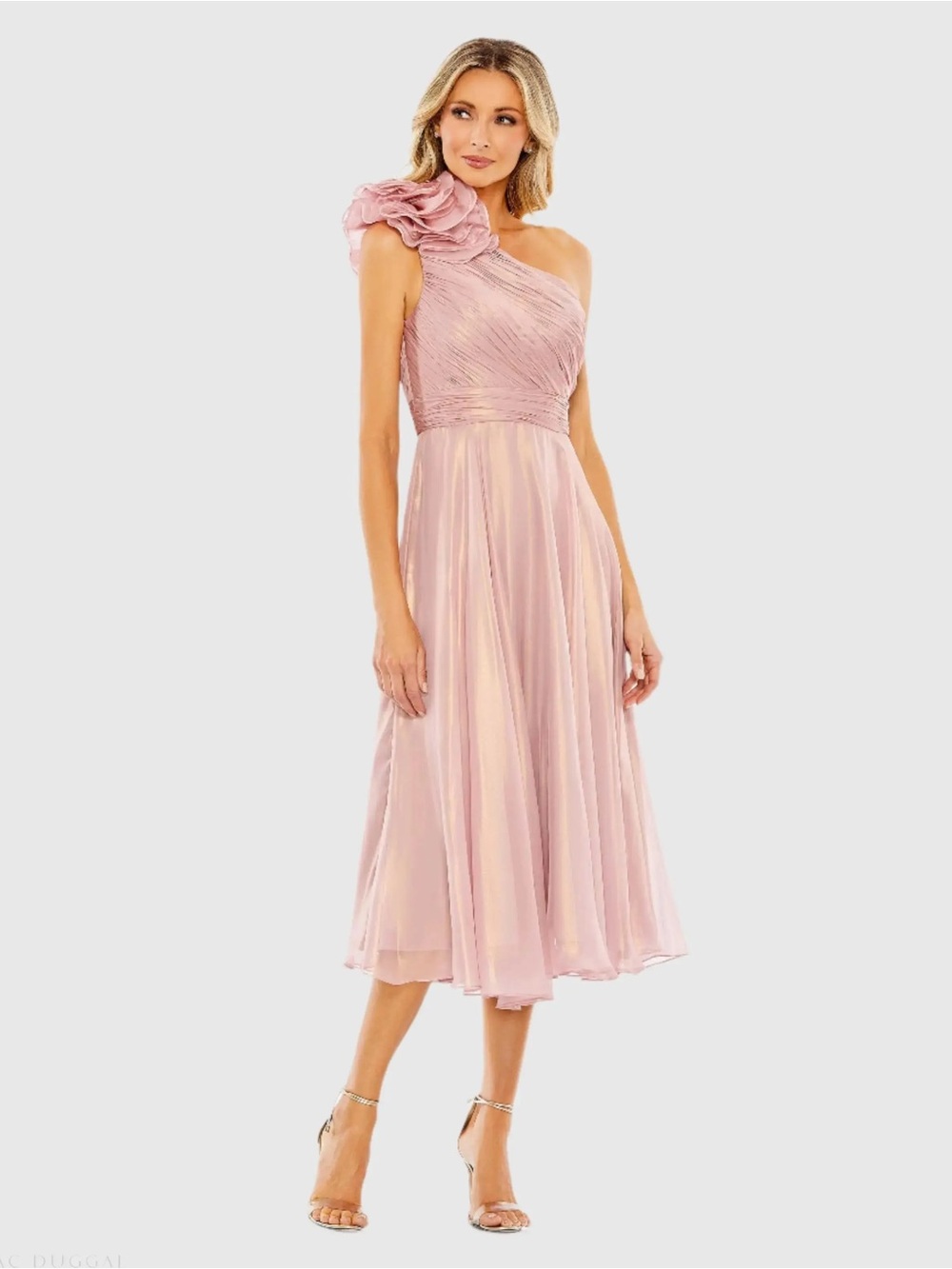 Mac Duggal Rosette One Shoulder Tea Length Dress